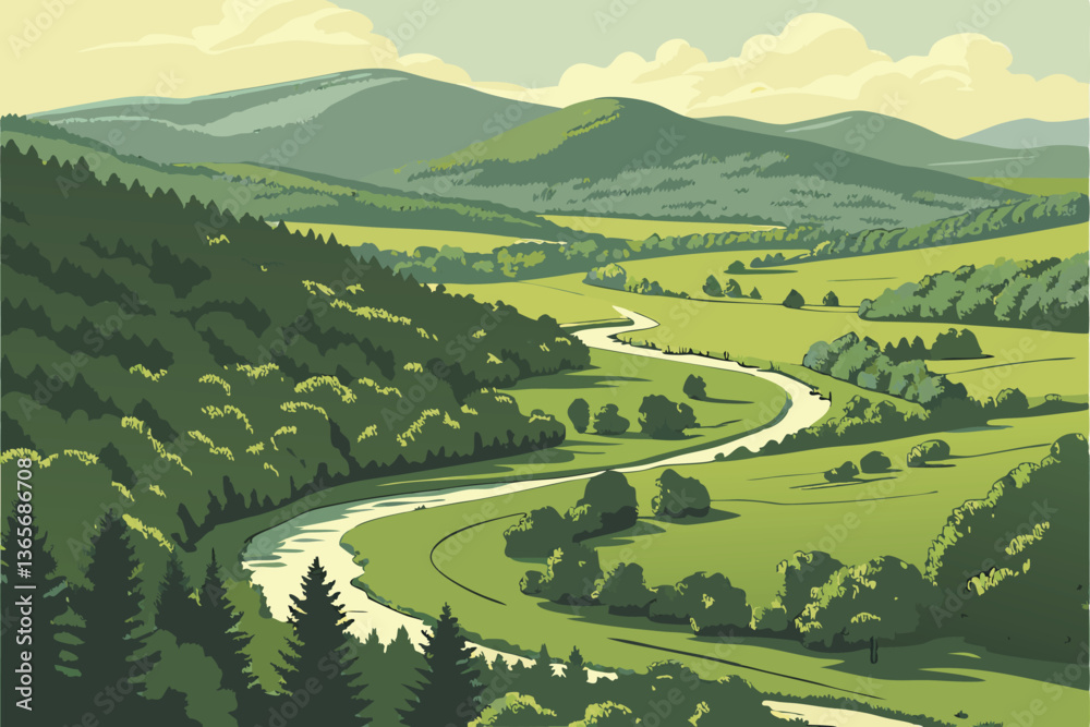 25 Aerial view, meandering river, lush green valley, forested mountains, vibrant landscape, sunny day, fluffy clouds, winding waterway, verdant meadows, scenic countryside, bird's eye perspective, nat