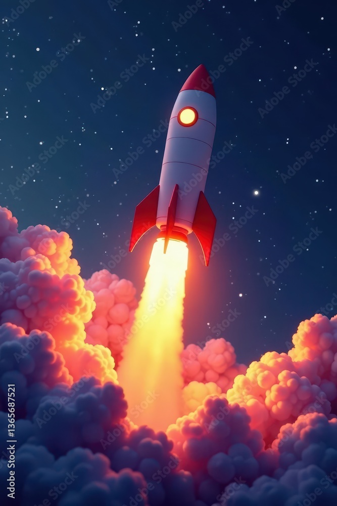 Fototapeta premium Rocket launching from laptop, upward trajectory, fast, goal