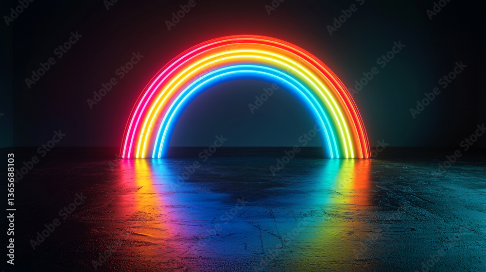 Glowing neon rainbow arch reflecting on a glossy surface against a dark background in a studio setting Glowing neon rainbow arch reflecting on a glossy surface against a dark background in a studio setting