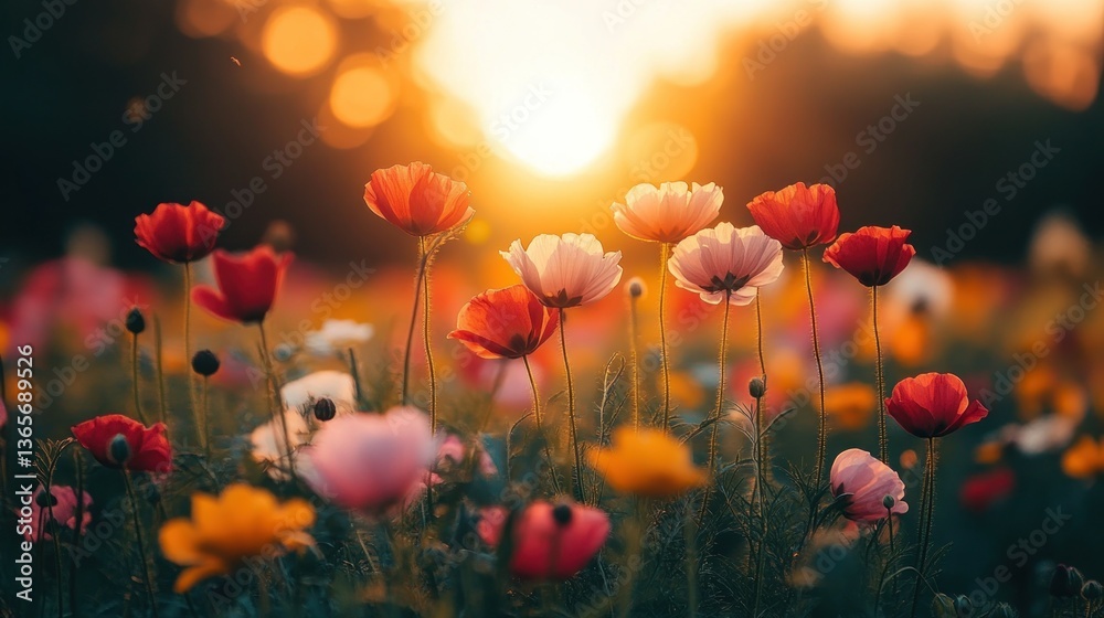 Obraz premium Colorful wildflowers bloom in a field at sunset