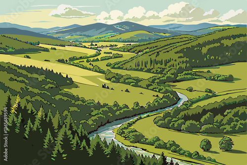 25 Aerial view, meandering river, lush green valley, forested mountains, vibrant landscape, sunny day, fluffy clouds, winding waterway, verdant meadows, scenic countryside, bird's eye perspective, nat