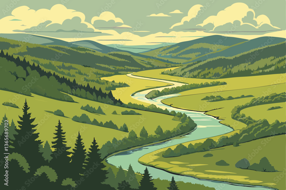 25 Aerial view, meandering river, lush green valley, forested mountains, vibrant landscape, sunny day, fluffy clouds, winding waterway, verdant meadows, scenic countryside, bird's eye perspective, nat