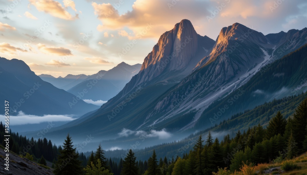 Obraz premium A breathtaking scene unfolds as the first light of dawn creeps over the jagged peaks of the towering mountains, casting a soft, golden glow across the serene