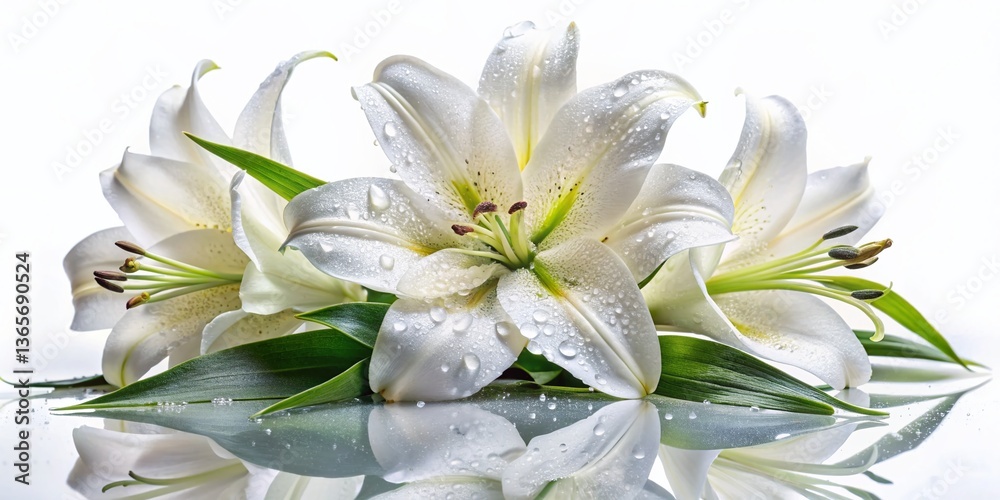 Elegant White Lily Bouquet with Dewdrops on White Background - Stock Photo Elegant White Lily Bouquet with Dewdrops on White Background - Stock Photo