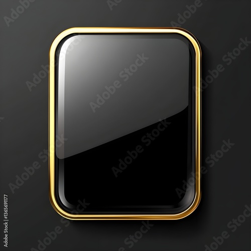 An rectangular button in black color with a golden frame.