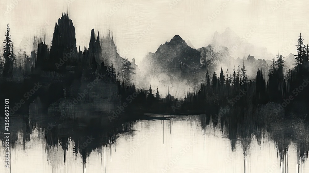 Fototapeta premium Misty mountain lake reflection, serene landscape, nature scene, calm background, design art