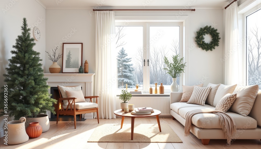 Fototapeta premium Scandinavian-inspired winter home interior with minimalistic decor, coziness