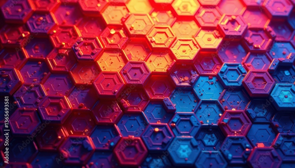 Fototapeta premium Intricate tessellation of hexagons in vibrant hues, vibrant, texture