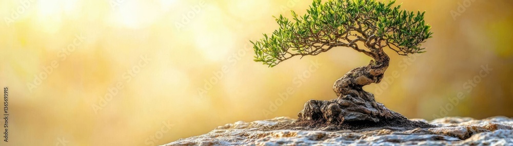 Fototapeta premium Bonsai tree on rock, serene garden, sunrise background, peaceful nature scene