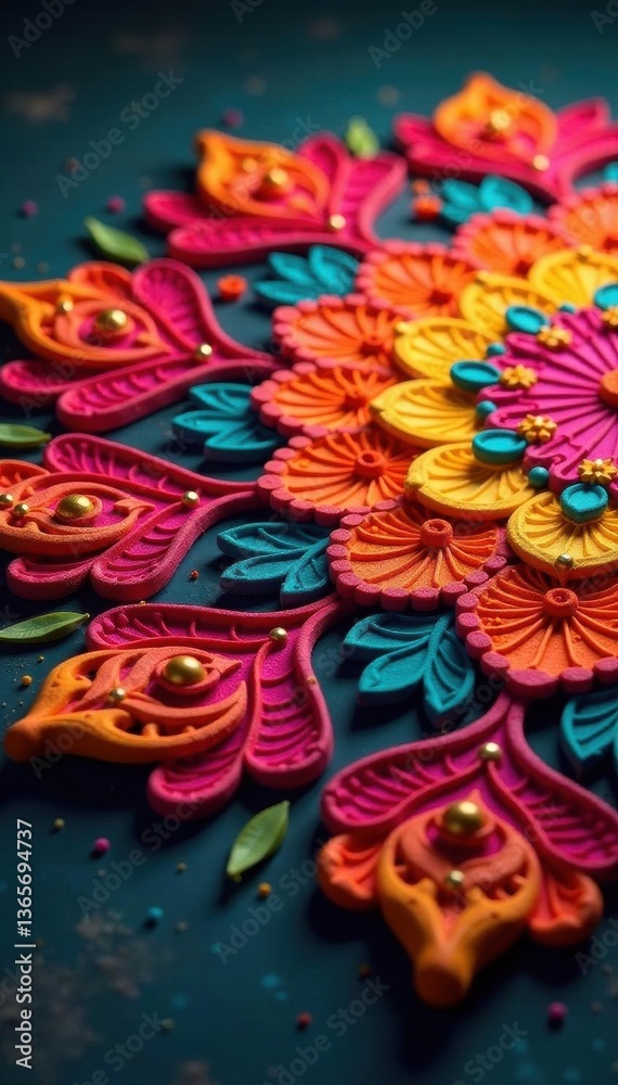 Fototapeta premium Intricate floral Diwali rangoli design in vibrant hues , festival, home, illustration