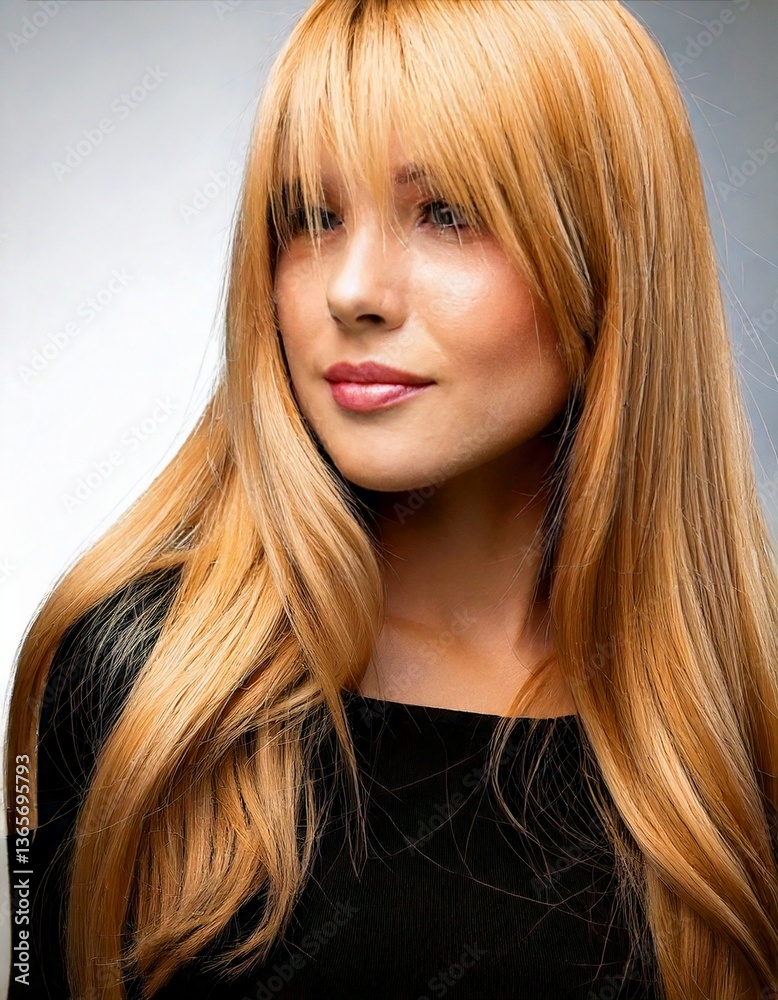 Naklejka premium A close-up of blonde hair with highlights, showcasing shiny, voluminous strands in soft waves, with a natural, healthy glow.