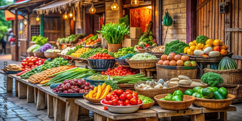Fototapeta premium Fresh vegetables and fruits arranged on a wooden table in a traditional Korean market stall
