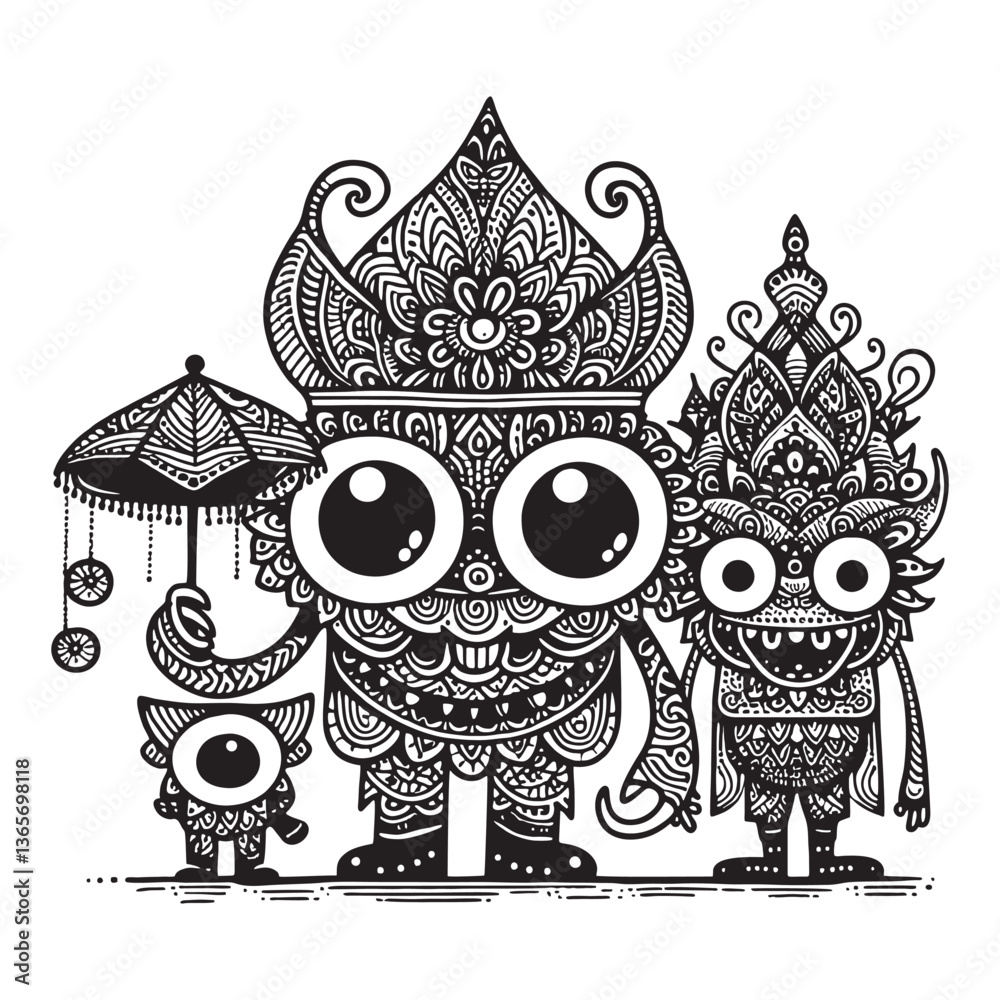 Obraz premium Black and white illustration of a family of mythical creatures in intricate traditional attire.