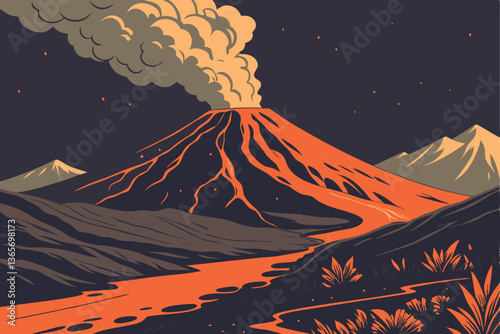 Foto 26 Volcanic eruption, glowing lava flows, fiery orange landscape, billowing smok