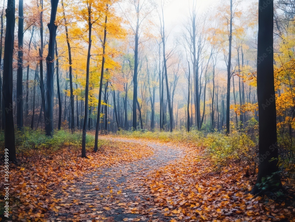 Fototapeta premium Vibrant Autumn Pathway Through a Tranquil Forest Surrounded by Colorful Leaves and Soft Sunlight Creating a Peaceful and Inviting Natural Atmosphere