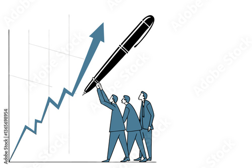 A 2D vector illustration depicting three miniature businessmen in suits analyzing a bright blue, fluctuating stock market graph line on a crisp white background,