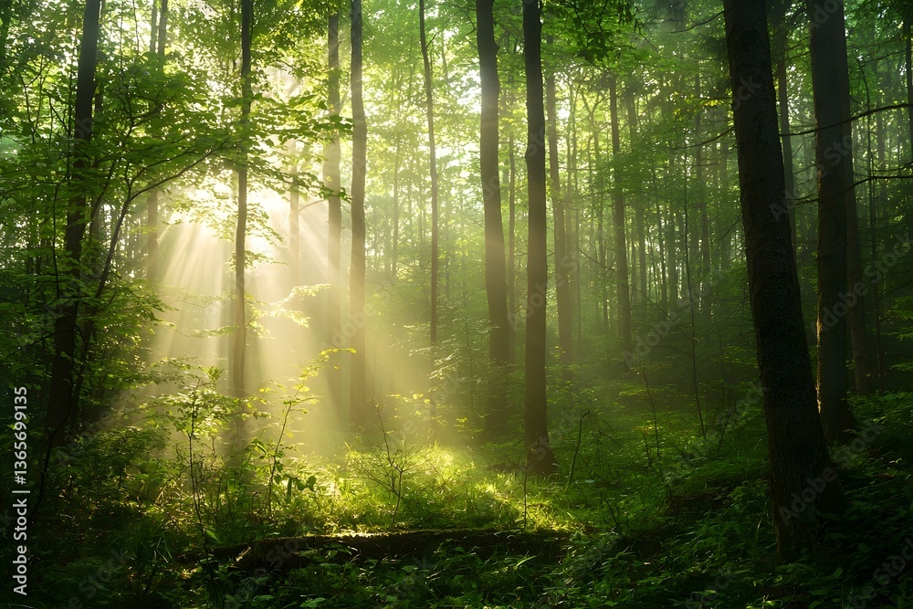 Obraz premium Sunlight streaming through dense forest trees, illuminating the lush green foliage and creating a serene atmosphere