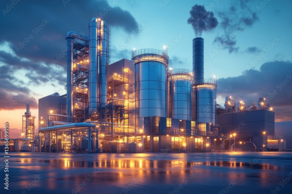 Naklejka premium Industrial Plant at Dusk with Glowing Lights and Steam Emissions Over Reflective Water Surfaces