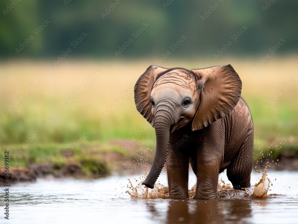 Fototapeta premium Playful Baby Elephant Joyfully Splashing in a Refreshing River Surrounded by Lush Greenery Under Bright Blue Sky Evoking a Sense of Wonder and Joy