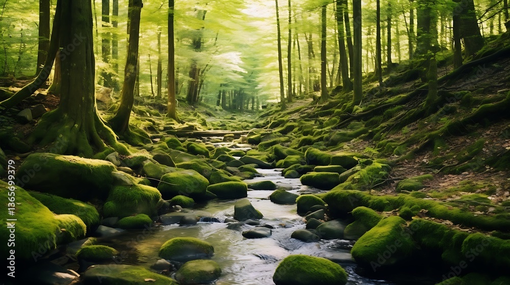 Obraz premium Sunlit Stream Flows Through Mossy Forest Rocks