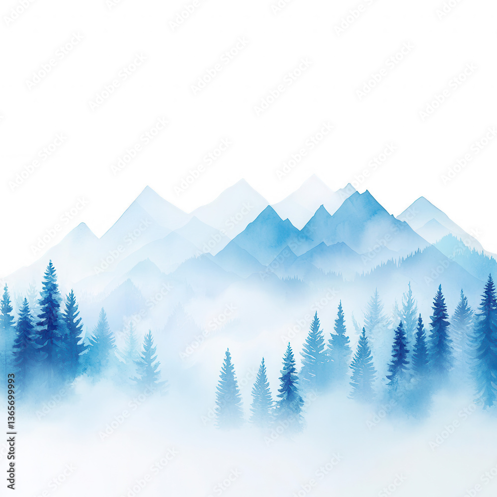 Fototapeta premium A serene mountain landscape with layers of mist and evergreen trees, creating a tranquil atmosphere and a sense of calm in nature.