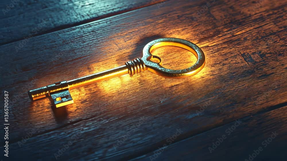 A glowing vintage key styled on a polished wooden table with soft shadows. background