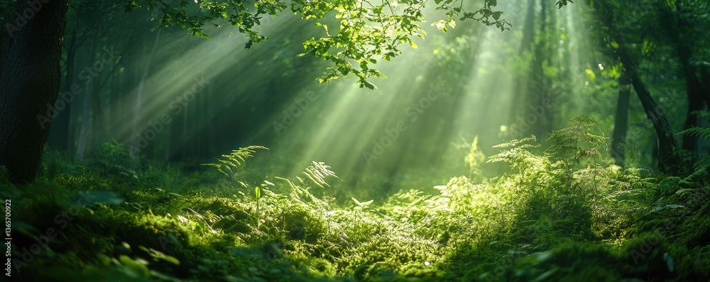 Obraz premium Beautiful rays of sun light in green magic forest. copy space for text. MZ 