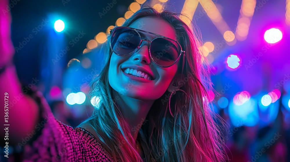 Portrait of a smiling woman with sunglasses at a concert with bright lights and a blurred background Portrait of a smiling woman with sunglasses at a concert with bright lights and a blurred background