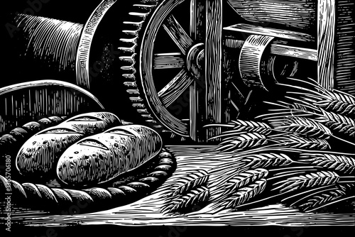black and white natural elements of bread and flour mill sketch outline