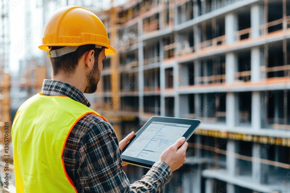 civil engineer or architect with hardhat on construction site checking schedule on tablet computer civil engineer or architect with hardhat on construction site checking schedule on tablet computer