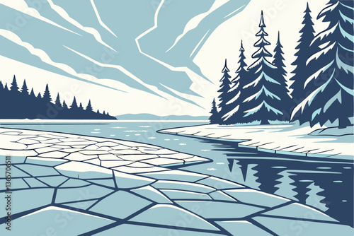 29 Frozen lake landscape, cracked ice surface, reflective ice patterns, snow-covered forest shoreline, winter scenery, blue sky with wispy clouds, panoramic view, cold atmosphere, pristine wilderness,