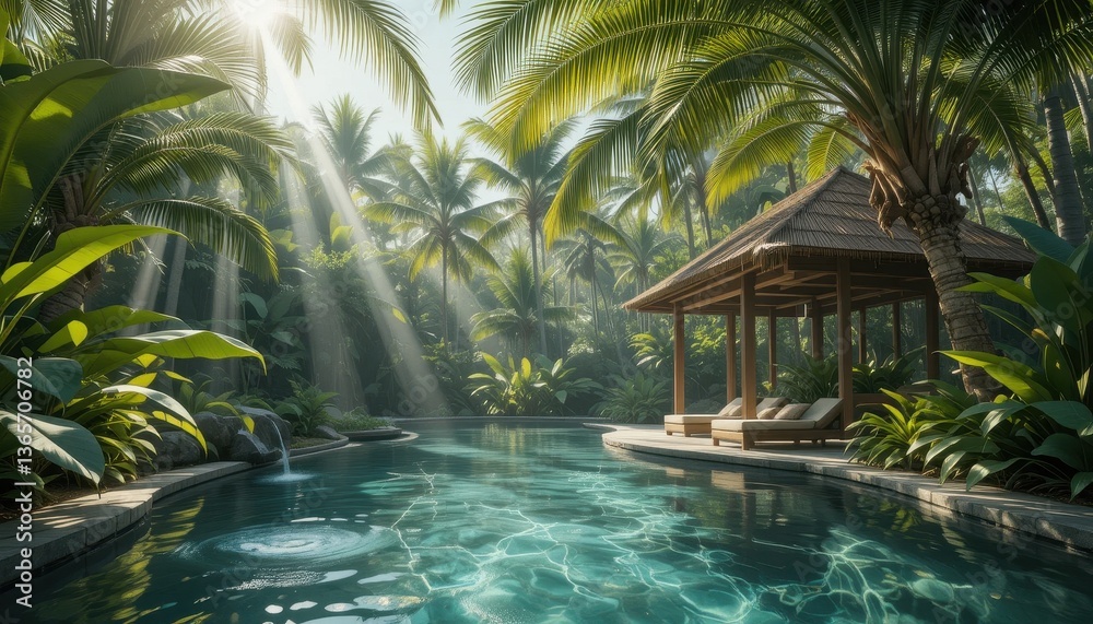 Fototapeta premium Tranquil retreat tropical poolside oasis lush jungle photography serene environment nature concept