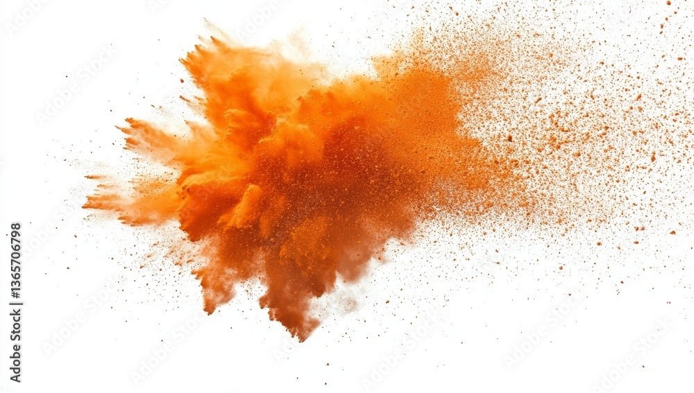 Orange powder explosion against white background (2)