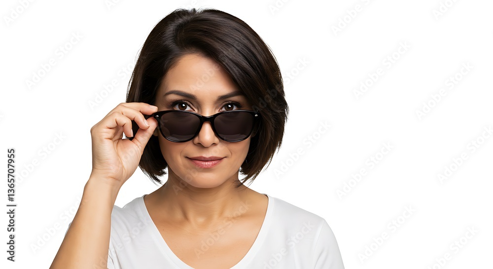 Woman adjusting sunglasses on a white backgroundisolated on white background Woman adjusting sunglasses on a white backgroundisolated on white background