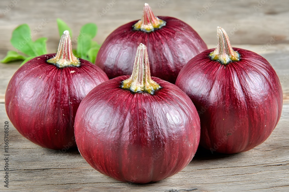 Obraz premium Four Dark Red Pumpkins on Wooden Table Autumn Harvest