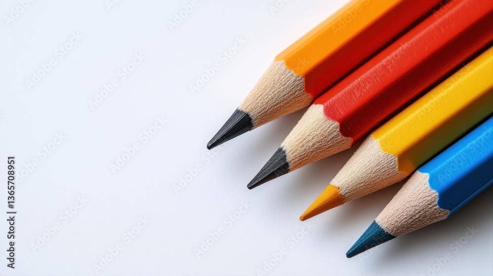 Fototapeta premium Colorful Wooden Pencils Lined Up on White Background Ready for Artistic Creations and Creative Projects