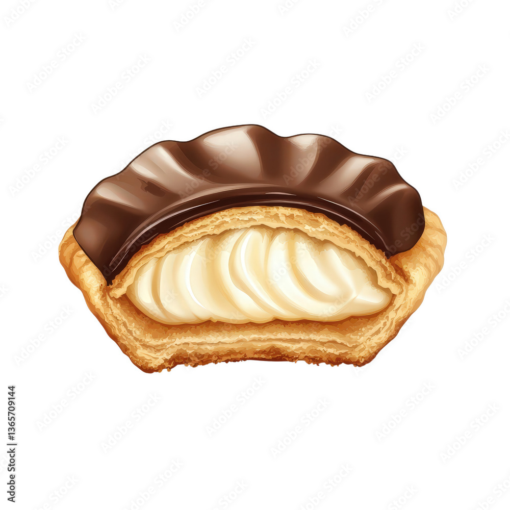 Decadent Delight: A close-up view of a gourmet pastry, featuring a luscious cream filling crowned with a delicate layer of rich dark chocolate. Perfect for culinary and dessert projects. Decadent Delight: A close-up view of a gourmet pastry, featuring a luscious cream filling crowned with a delicate layer of rich dark chocolate. Perfect for culinary and dessert projects.