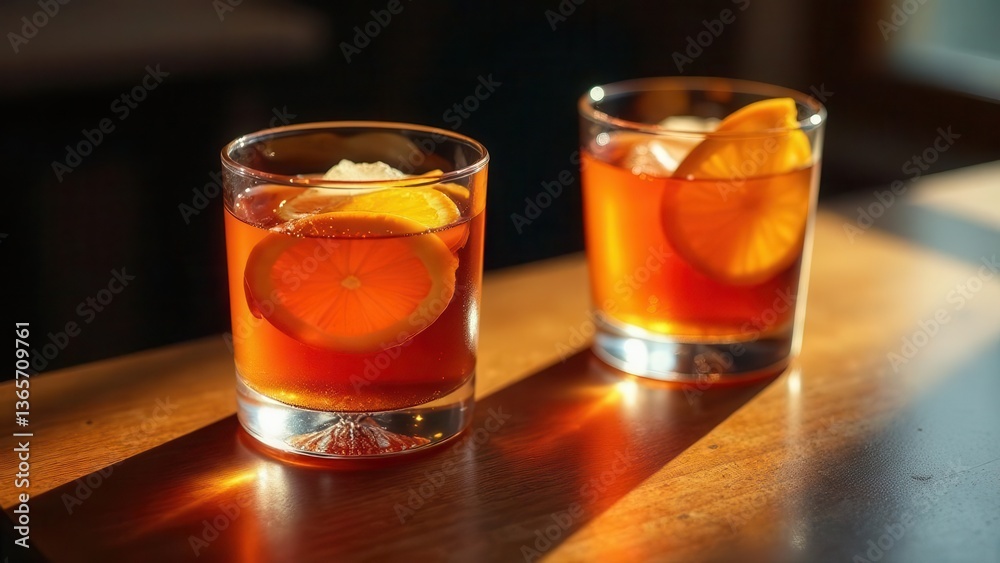 Two Glasses of Refreshing Citrus Infused Beverage on Wooden Surface Basking in Sunlight Two Glasses of Refreshing Citrus Infused Beverage on Wooden Surface Basking in Sunlight