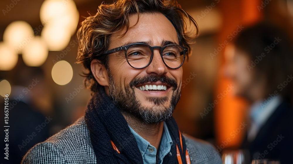 Fototapeta premium Smiling man at indoor event, blurred background