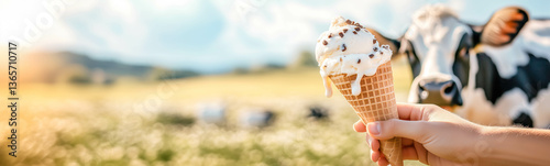 A close-up view a cow licking a melting ice cream cone holding by a person on a hot summer day. Farming concept.