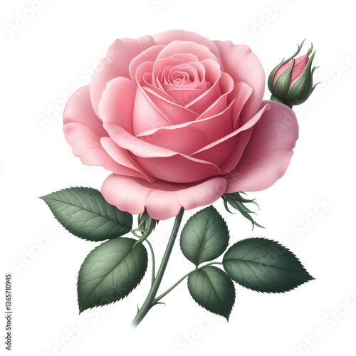 One pink rose flower isolated on white background
