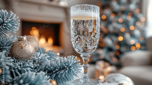 Festive champagne toast, cozy fireplace, Christmas tree