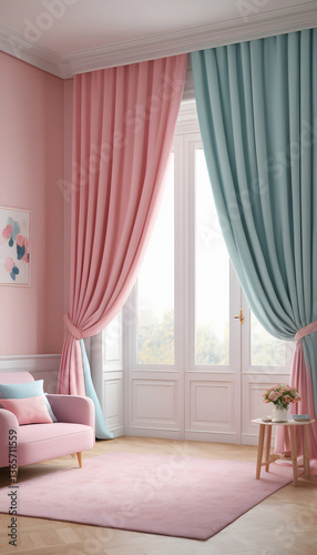Pastel Pink and Blue Curtains in a Chic Interior