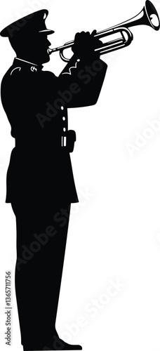 Obraz na plátně Military Bugler Silhouette Playing Taps – Memorial Day Tribute Vector