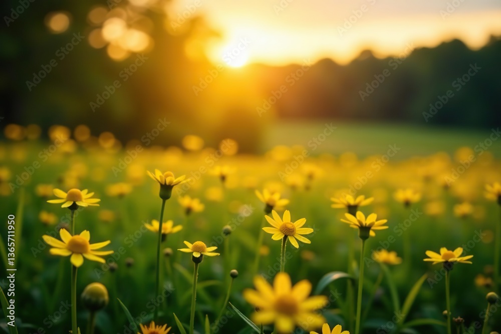 Obraz premium Soft focus sunset field landscape with yellow flowers, grass meadow, warm golden hour light, tranquil nature, spring summer, blurred forest background, yellow flowers, nature