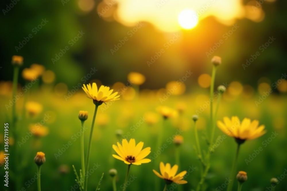 Fototapeta premium Soft focus sunset field with yellow flowers and grass meadow, warm golden hour light, tranquil spring summer nature, blurred forest background, nature, grass meadow