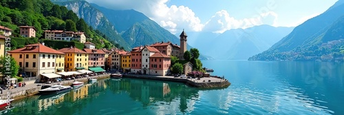 Stunning panoramic view of Varenna town on Como Lake district with colorful buildings lining the waterfront and lush green hills in the background,  Italy,  destination
