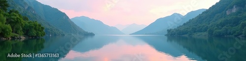 Soothing background of a tranquil lake surrounded by lush green mountains and soft pink skies,  mountains,  landscapes