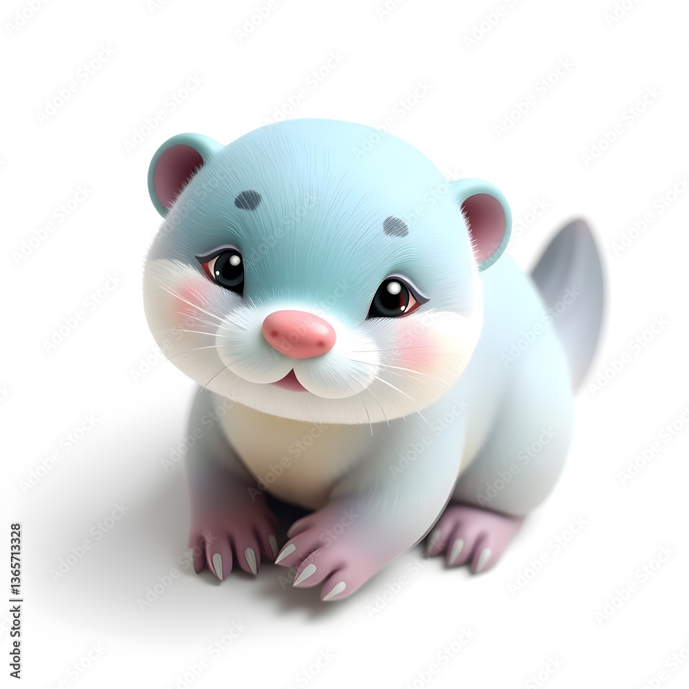 Naklejka premium Otter – 3D baby otter, tiny paws, adorable face, pastel turquoise and lilac tones, white background. Generative AI