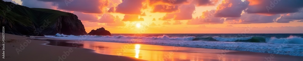 Naklejka premium Stunning sunset landscape of Westcombe Beach in Devon England, jagged rocks, cloud formations, Devon, landscape